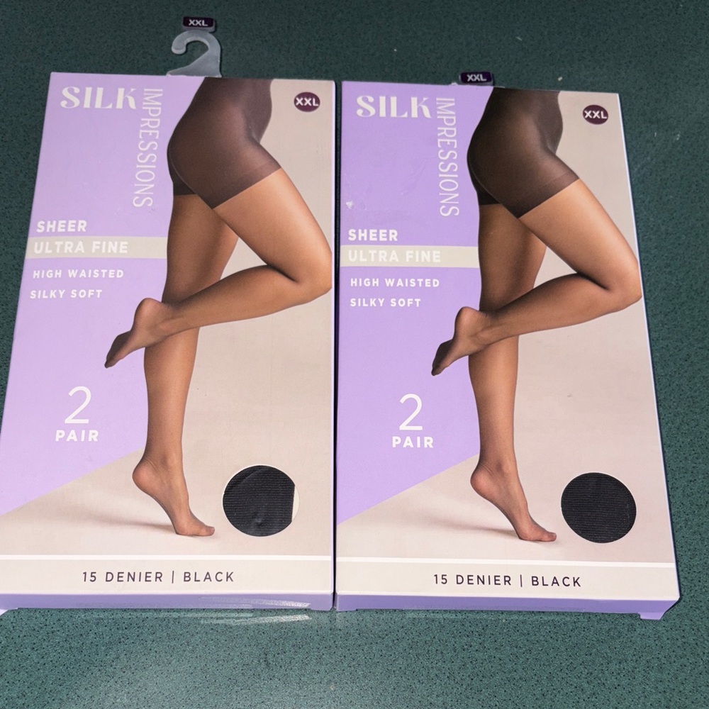 NEW 2pk silk Impressions Silk Sheer Black High Waisted pantyhose nylon spandex